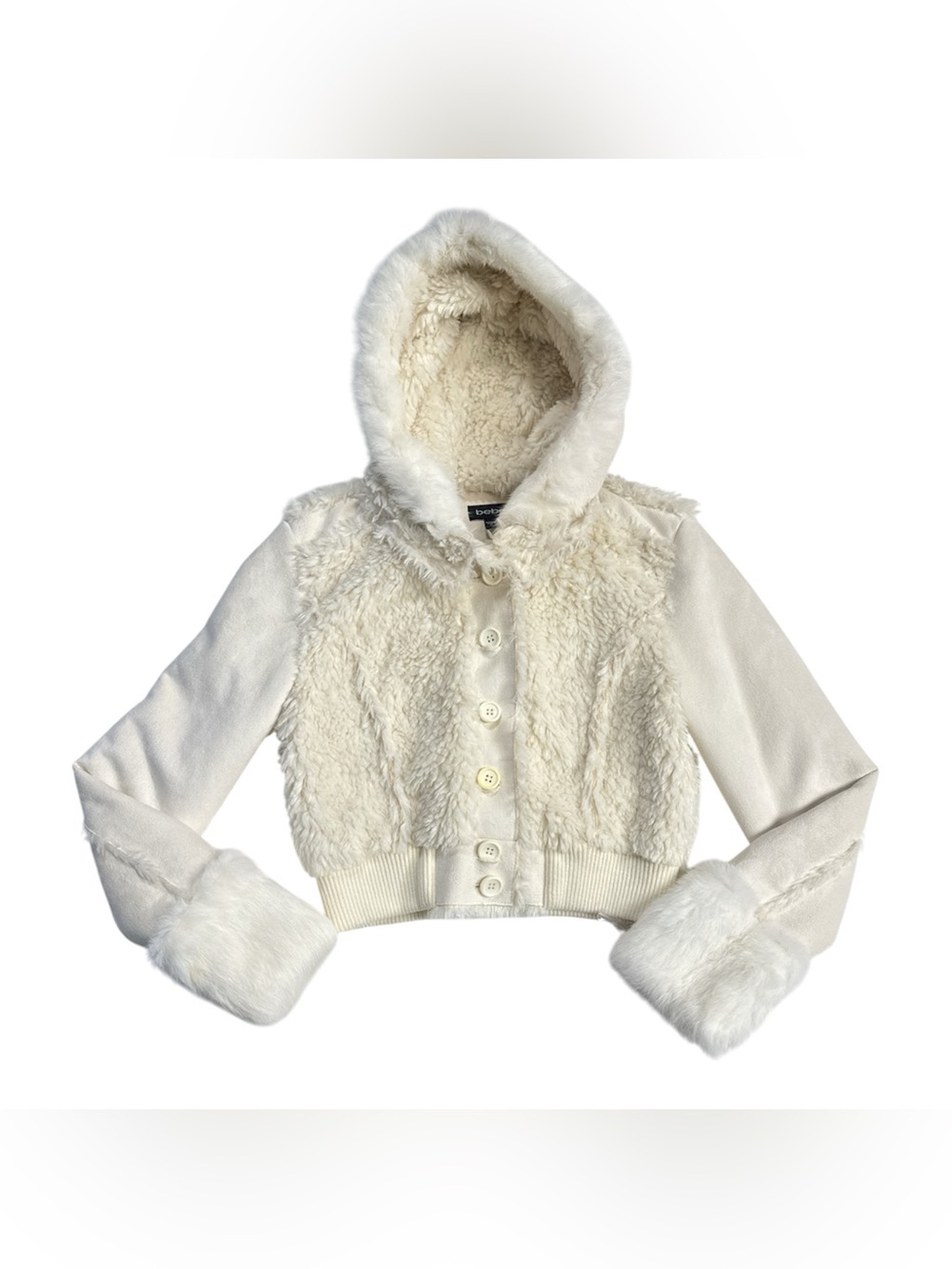 NWT Y2K bebe Ivory Faux Fur Hooded Puffer Jacket